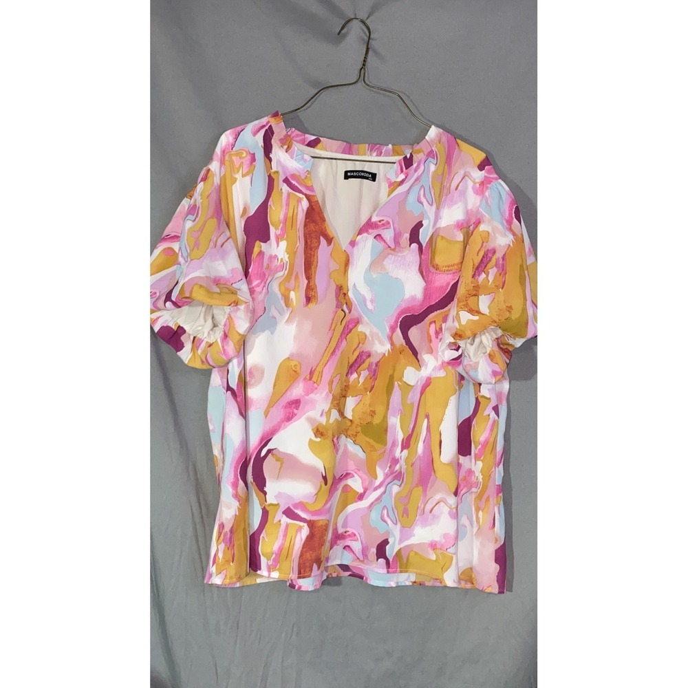 Colorful Abstract Crop Blouse Short Puff Sleeve V-neck‎ Top Retro Boho Artsy XXL